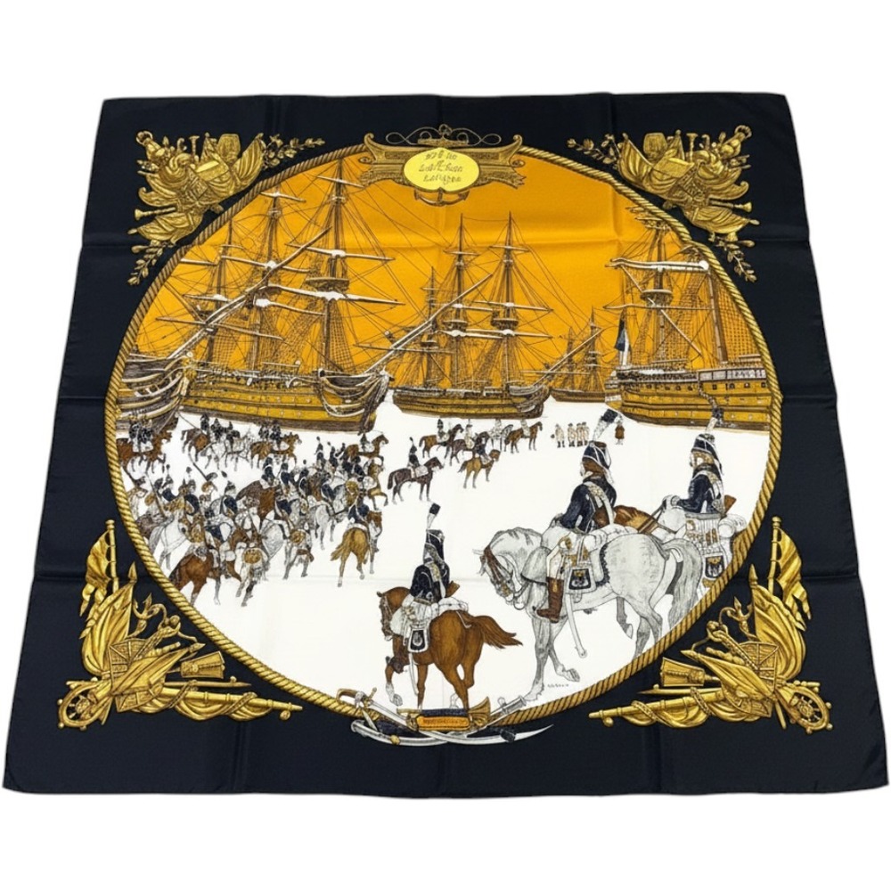 Hermes Marine et Cavalerie Silk Scarf 35in Black Gold Ships Horses 90cm READ